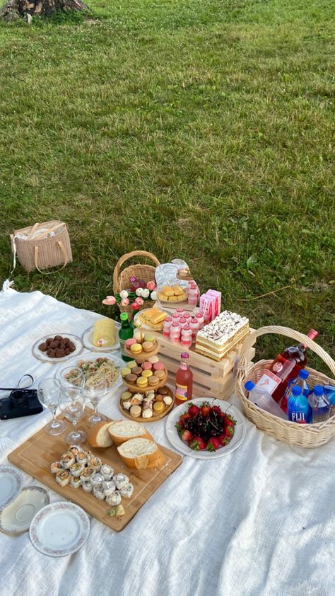 A set up of our picnic Aesthetic Picnic Setup, Cute Picnic Setup Ideas, Picnic Birthday Food Ideas, Picnic Macarons, Macaron Instagram, Picnic Set Up Ideas, Picnic Setup Ideas, Picnic Set Up, Birthday Picnic Ideas