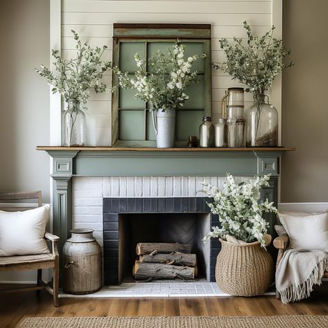 29 Gorgeous Spring Mantel Decorations To Welcome the Season Fireplace Mantle Painting Ideas, Rustic Mantel Decorating Ideas, Spring Fireplace Decor, Spring Mantel Decorating Ideas, Spring Mantle Decor, Farmhouse Mantle, Country Fireplace, White Mantel, Spring Mantel