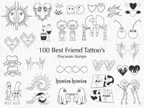 Procreate Best Friend Tattoo's | Procreate Tattoo Brushset | Tattoo stencil | Minimal tattoos | Commercial Use Set of 100 Procreate Best Friend stamps, this bundle includes 50 best friend tattoo designs.  Your purchase includes: BBFTattoos.brushet file These brushes are not pressure sensitive and can be used with third party stylus, Apple Pencil or even your finger. You can change the colour, size and opacity of these stamps. You can uses these brushes for both personal and commercial purposes, Mix Tattoo Styles Sleeve, Small Friends Tattoos For Women, Best Buds Tattoo Matching, Thing 1 And Thing 2 Tattoo Ideas, Boss Babe Tattoo, Cute Small Best Friend Tattoos, Cute Small Tattoos For Women Simple, Cute Line Work Tattoos, Best Friend Matching Tattoos For Women