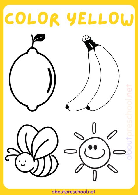 Color Yellow worksheets for Kindergarten 5 Color Yellow Coloring Sheets, Yellow Kindergarten Activities, Yellow Coloring Sheet Preschool, Preschool Colouring Printables, Color Worksheets For Toddlers, Colours Worksheet For Preschoolers, Color Recognition Preschool Worksheets, Kinder Coloring Pages, Yellow Activity For Preschool