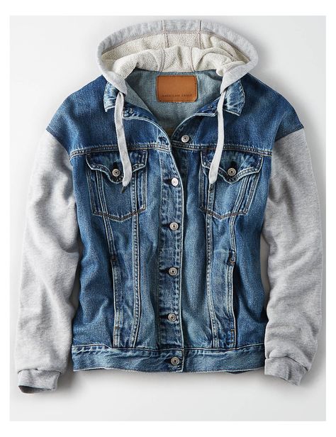 AE Boyfriend Fit Hoodie Denim Jacket, Medium Wash | American Eagle Outfitters Jean Jacket Over Hoodie, Hoodie Denim Jacket, Denim Jacket With Hoodie, Denim Hoodie, Hooded Denim Jacket, Stylish Hoodies, Trendy Hoodies, Men Stylish Dress, Guys Clothing Styles