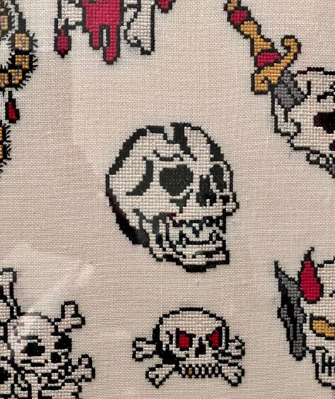 A simple skull cross stitch pattern. Scary Cross Stitch, Skull Cross Stitch Pattern Free, Skeleton Cross Stitch Pattern Free, Skulls Cross Stitch Patterns, Small Skull Cross Stitch Pattern, Cat Skull Cross Stitch, Skull Cross Stitch Pattern, Skull Cross Stitch, Skull Silhouette