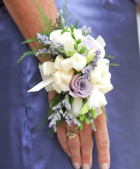 White and Lavender Wrist Corsages columbus ohio florists newark OH Corsage Wedding Mother, Diy Wrist Corsage, Rose Wrist Corsage, Prom Flowers Corsage, White Corsage, Wrist Corsage Wedding, Wrist Corsage Prom, Prom Corsage And Boutonniere, Homecoming Corsage