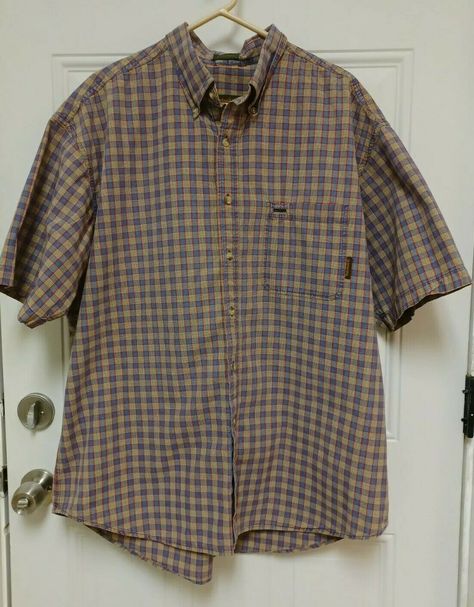 Timberland Weathergear Rugged Fit Button Down Short Sleeve Shirt. Blue, Red, Green and Beige Plaid. Front Pocket. Round Hem.  Size XL: Chest-52", Length-31" Front, 34" Back Short Sleeve Flannel Outfits Men, Short Sleeve Button Up Men, Mens Button Up Shirts, Button Up Shirt Men, Button Down Shirt Men, Button Ups, Beige Plaid, Button Down Short Sleeve, Fire Fits