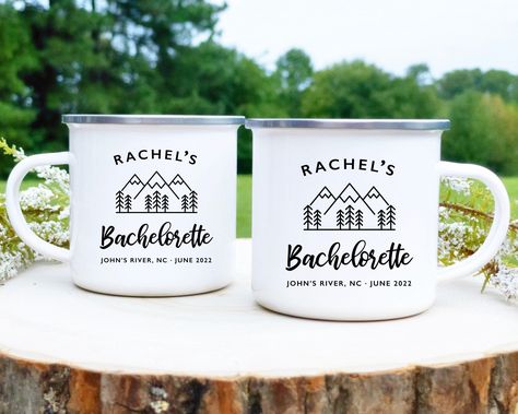 Reception Coffee Bar, Mountain Bachelorette Party, Glamping Bachelorette Party, Mountain Bachelorette, Bachelorette Favor, Camp Mugs, Bridal Packages, Bridal Bachelorette Party, Bachelorette Themes