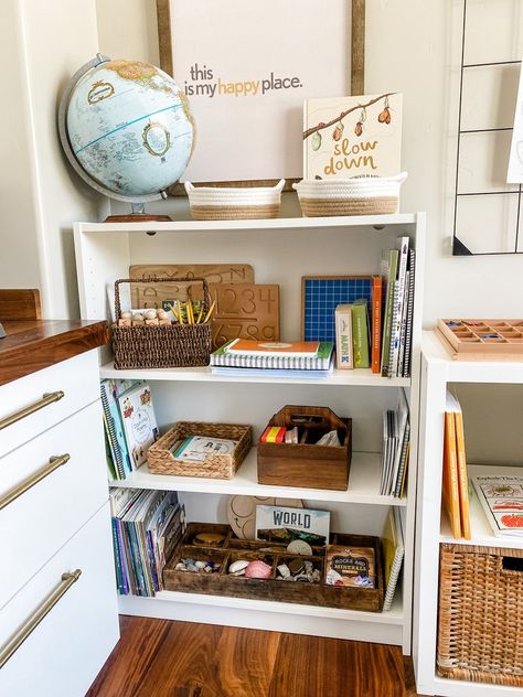 Small Space Homeschool Room, School Room Organization, Homeschool Room Decor, Homeschool Room Design, Homeschool Room Organization, Kallax Shelf Unit, Affordable Cabinets, School Tables, Homeschool Supplies