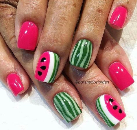 Fruity Nails, Watermelon Nail Designs, Watermelon Nail, Watermelon Nail Art, Fruit Nail Designs, Nails Charms, Fruit Nails, Fruit Nail, Red Nails Acrylic