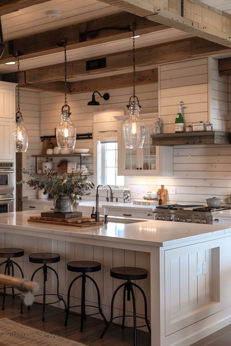 Rustic House Interior Kitchen, Farmhouse Kitchen Lights Island, Modern Farmhouse Kitchen Island Ideas, Barndo Kitchen Ideas Farmhouse, Rustic Kitchen With Island, Farm Kitchen Ideas Farmhouse Style, Rustic House Farmhouse, Light Rustic Kitchen, Light Kitchen Ideas