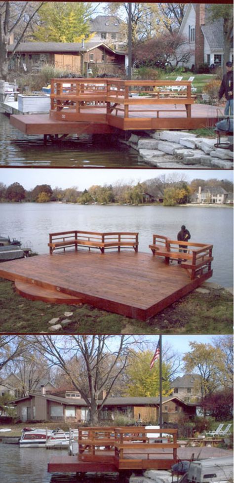 Deck plans for the pond Small Docks For Ponds, Pond Dock, Pond Deck, Dock Ideas, Lake Landscaping, Platform Deck, Fishing Dock, Lake Dock, Lakefront Living