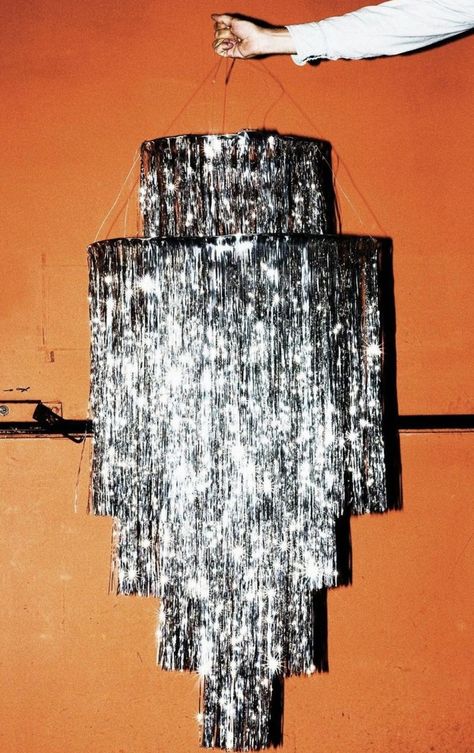 Crafts To Get Excited About: Tinsel Edition Tinsel Chandelier Diy, Tinsel Crafts, Tinsel Background, Tinsel Decor, Mail Craft, Disco Rave, Tinsel Wreath, Party Mood Board, Freedom Girl