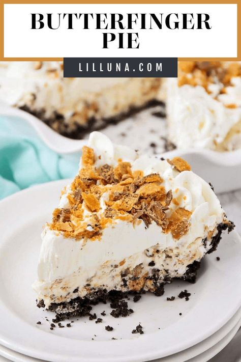 Indulge in this unbelievably delicious Butterfinger pie with an Oreo crust and homemade Butterfinger ice cream filling! #frozenbutterfingerpie #butterfingerpie #frozenpie #butterfinger #desserts Homemade Butterfinger Ice Cream, Butterfinger Desserts, Butterfinger Dessert, Butterfinger Ice Cream, Butter Finger Dessert, Butterfinger Pie, Favorite Pie Recipes, Frozen Pie, Homemade Cheesecake