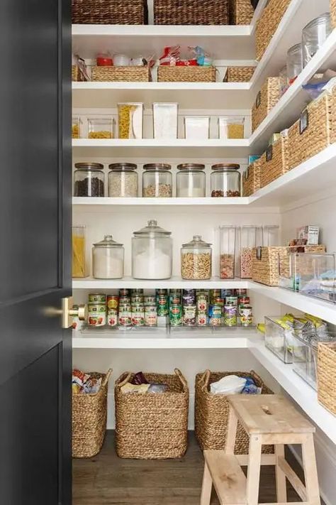 20 Walk-In Pantry Ideas For Stylish Kitchen Storage Pantry Cupboard Walk In, Walk In Larder Pantry, Pantry Floor Organization Ideas, Walkin Pantry Ideas Storage, Small Walkin Pantry Design Ideas, Small Walk In Pantry Organization, L Shaped Pantry Design, Pantry Floor Storage Ideas, Pantry Shelving Ideas Walk In