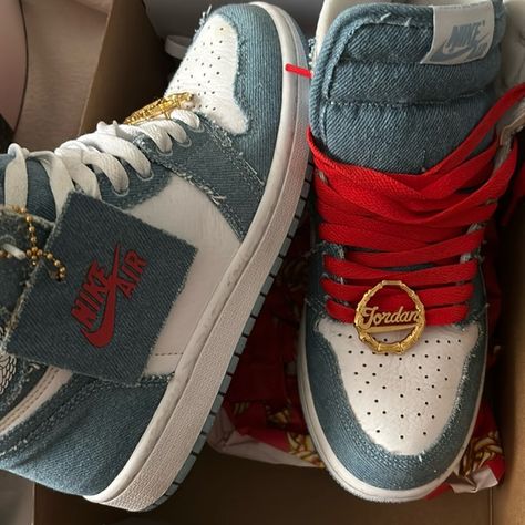 Jordan 1 denim Denim Jordans, Jordan 1 Denim, Pretty Shoes Sneakers, White Shoe, Jordan 1 Mid, Dream Shoes, Pretty Shoes, White Shoes, Shoe Game