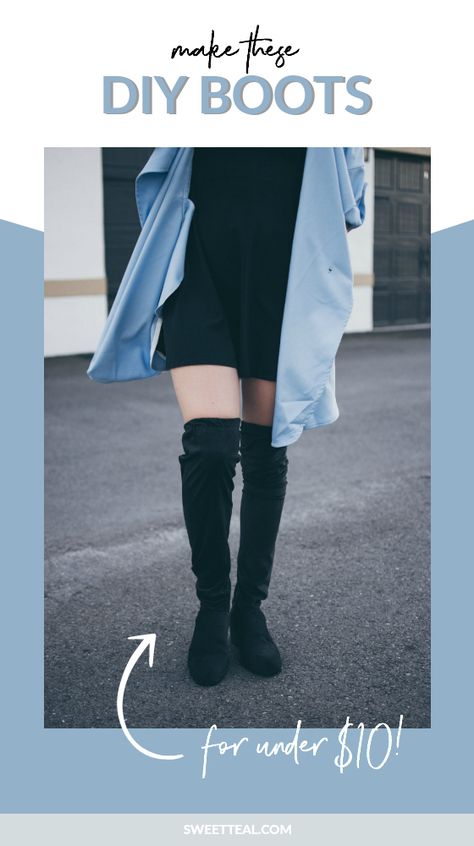 Make these DIY thigh high boots for next to nothing! If you have a pair off old booties, think twice before getting rid of them. Why not make a pair of over the knee boots with them? #diyboots #otkboots #diyfashion Diy Knee High Boots, Diy Thigh High Boots, Diy Boots, White High Boots, Black Over The Knee Boots Outfit, How To Wear Thigh High Boots, Boots Diy, Over The Knee Boot Outfit, Knee Boots Outfit