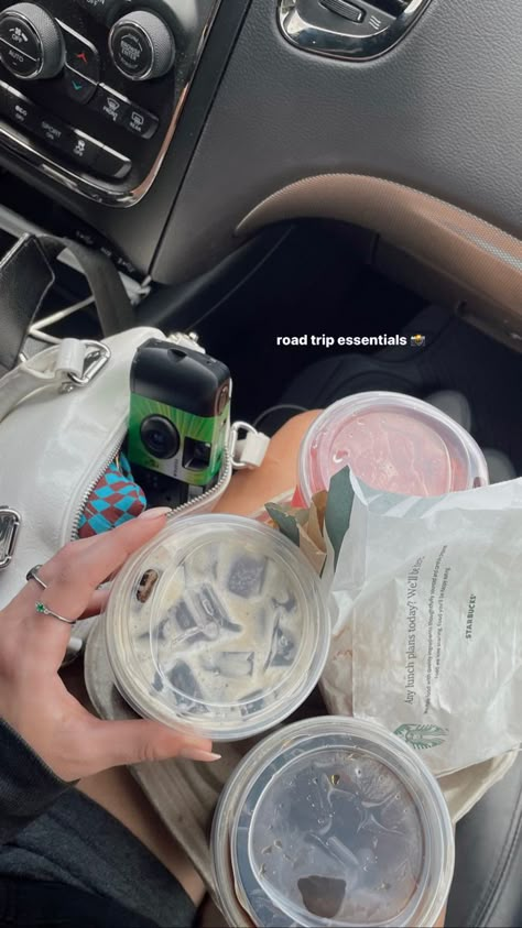 Snacks In Car Aesthetic, Road Trip Stories Instagram, Instagram Story Ideas Roadtrip, Instagram Story Ideas Random, Food In The Car Aesthetic, Work Trip Instagram Story, Trip Stories Instagram, Road Trip Fits Summer, Road Trip Instagram Post Ideas