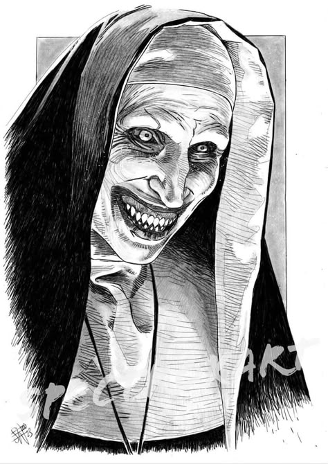 Horror Film Drawings, Valak Sketch, The Conjuring Drawings, The Nun Sketch, Horror Movie Drawings Pencil, Scary Drawing Dark Art, The Nun Drawings, Horror Drawings Pencil Sketch, Valak Tattoo