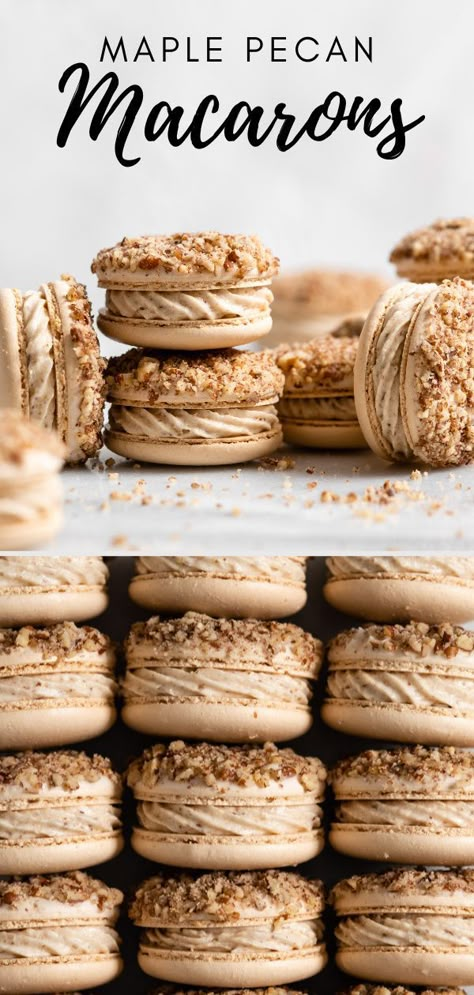 Maple Bacon Macaron, Cake Ideas With Macarons, Shelf Stable Macaron Filling, Christmas Flavor Macarons, Maple Macarons Recipe, Maccarone Flavors, Maple Pecan Macarons, Storing Macarons, Maple Pecan Cupcakes