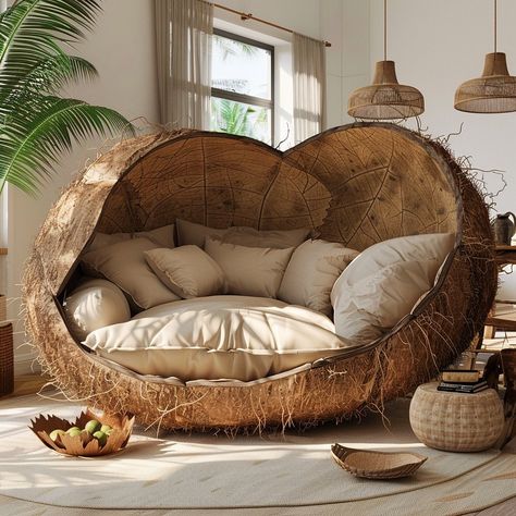 Introducing the CocoChill Couch: Inspired by coconuts, this stylish seating option features a rounded silhouette and plush coconut husk-inspired upholstery for a cozy and eco-friendly experience. Conceptual AI Art Follow @ecosapiens for more! Coconut Chair, Coconut Husk, Fantasy Furniture, Floor Wallpaper, Creative Corner, Creative Home Decor, Lost Art, Interior Art, Sacred Space