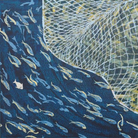 "This collage/painting on wood panel depicts bunker being caught in a cast net.  I was delighted to see the swirls of silvery bunker from our boat in Great Kills Harbor in Staten Island. Some of the fishermen on the nearby docks were using cast nets to catch this bait fish.  The net is a paper lithograph with acrylic paint added on top. There is one fish cut from Chinese joss paper collaged onto the painting. ©2018 Denise Mumm 12\"x 12\"x 2 1/2\" Acrylic paint, collage on wood Ready to hang with finished sides (no framing required) and picture wire affixed to back" Surreal Cityscape, Collage On Wood, Fish Cut, Cast Nets, Fish Background, Art Exploration, Painting On Wood Panel, Picture Wire, Collage Painting