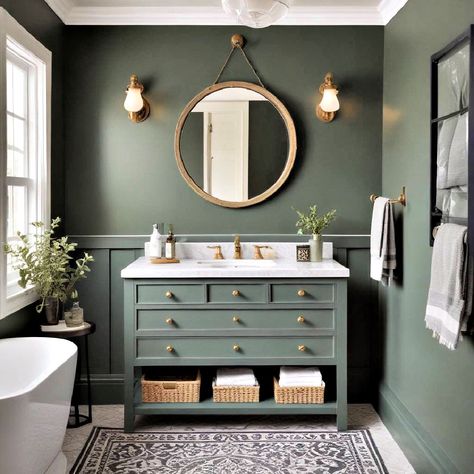 Half Bath Green Walls, Green On Green Bathroom, Forest Aesthetic Bathroom, Dark Blue Green Bathroom, Sage Green Half Bathroom, Sherwin Williams Retreat Bathroom, Sage Green Powder Room Ideas, Green Panelling Bathroom, Sage And Navy Bathroom