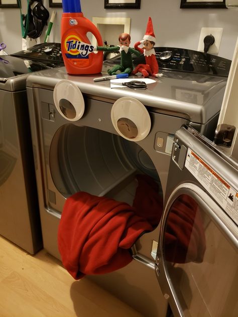 Elf does laundry Elf Washing Machine, Elf Laundry Room, Elf On The Shelf Washing Machine, Elf On The Shelf Laundry Room, Elf On The Shelf Laundry, Elf Memes, Elf 2024, Elf Idea, Hobby Lobby Crafts