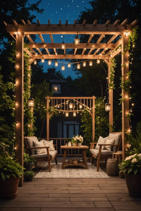 20 Stunning Hanging Patio Light Ideas - Toolz Geek Pergola With Plants And Lights, Fairy Lights Garden Aesthetic, Pergola Fairy Lights, Patio Lights Ideas, Patio Light Ideas, Garden Fairy Lights, Hanging Patio Lights, Fabric Lantern, Fairy Lights Wedding