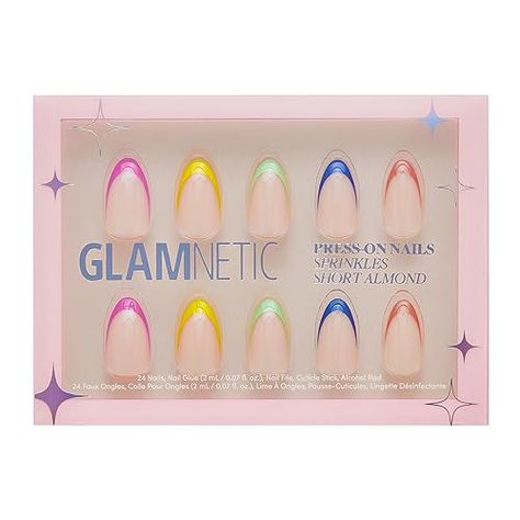 Glamnetic Press On Nails - Sprinkles | Rainbow French Tip Nails, UV Finish Short Pointed Almond Shape, Reusable Semi-Transparent Nails in 12 Sizes - 24 Nail Kit with Glue Rainbow French Tip Nails, Sprinkle Nails, Rainbow French, French Tip Design, Ootd Instagram, Nail Pops, Transparent Nails, Tip Nails, Almond Shape