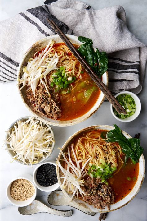 The improved version of the famous tan tan ramen, like you've never tasted before. Tan Tan Ramen, Cold Ramen, Tonkotsu Broth, Neck Bones, Ramen Soup, Weekly Meals, Autumn Recipes, Bean Sprouts, Sesame Seeds