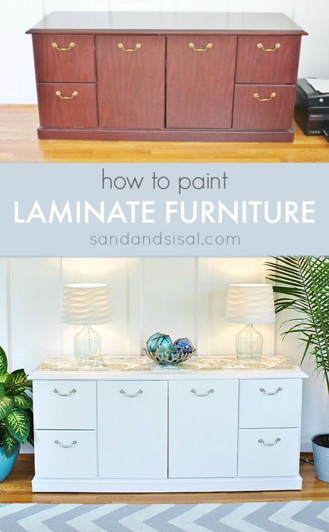 How to Paint Laminate Furniture from @- SAND - and Sisal Paint Laminate Furniture, How To Paint Laminate, Painting Laminate Furniture, Painting Laminate, Laminate Furniture, Refurbished Furniture, Paint Furniture, Redo Furniture, Repurposed Furniture