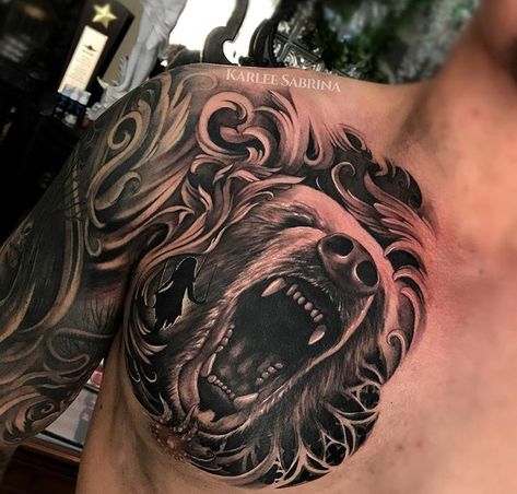 Chest Tattoo Animals, Bear Chest Tattoo Men, Animal Chest Tattoo, Chest Tattoo Bear, Bear Chest Tattoo, Bear Tattoos For Men, Chest Tattoo Wolf, Chest Piece Tattoos Mens, Lion Chest Tattoo