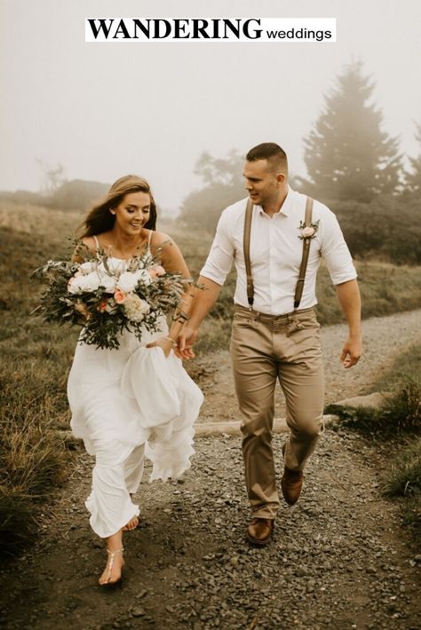 This Tennessee Mountain elopement was perfect despite the fog and unpredictable weather. Photos by Meagan Puett Photography Groom Outfit Elopement, Elopement Outfit Groom Mountain, Elopement Attire Grooms, Men Elopement Outfit Casual, Mountain Elopement Mens Outfit, Roan Mountain Elopement, Boho Wedding Attire For Men, Mountain Wedding Mens Attire, Groom Attire Forest Wedding