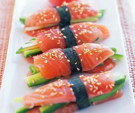 Wonderfully fresh and light, enjoy these beautiful salmon sashimi stacks as a light lunch, starter on canape. Meals Everyone Will Love, Loaded Potato Salad, Roasted Broccolini, Lazy Dinners, Sushi Menu, Sushi Dishes, Salmon Sashimi, Aioli Recipe, Muesli Bars