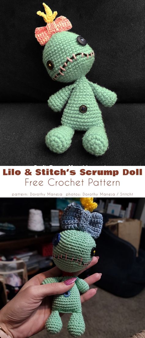 lilo and stitch scrump doll Diy Scrump Doll, Scrump Doll Pattern, Disney Inspired Crochet Patterns, Amiguri Free Patterns, Crochet Stitch Stuffy, Lilo And Stitch Amigurumi Free Pattern, Crochet Stitch Doll Free Pattern, Scrump Amigurumi Free Pattern, Demon Slayer Crochet Free Pattern