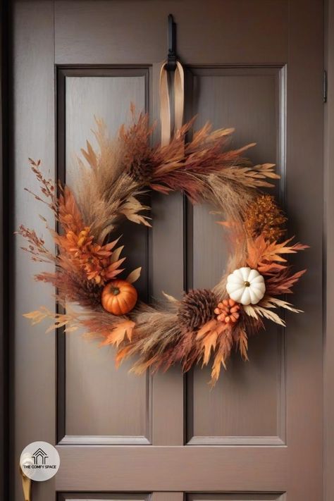 Explore modern fall wreath designs that are simple yet elegant. Perfect for a contemporary touch this autumn!#ModernDecor #FallWreath #DIYProjects #HomeDesign #AutumnStyle Autumn Entrance Decor, Boho Fall Wreath Diy, Fall Door Wreaths Diy, Fall Wreath Ideas Diy, Modern Fall Wreath, Thanksgiving Wreaths Diy, Pumpkin Porch Decor, Easy Thanksgiving Table Decor, Thanksgiving Table Decor Ideas