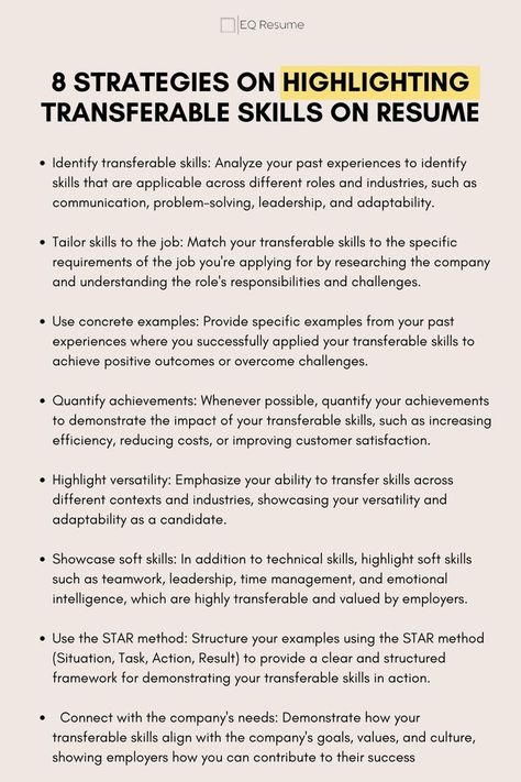 Enhance your resume with EQ Resume's expert strategies! Learn 8 effective techniques for highlighting transferable skills and boosting your job prospects. #transferableskills #resumetips #EQResume #careeradvice #jobsearch #careerdevelopment #jobhunt #professionalgrowth #resumewriting #jobskills Job Interview Prep, Skills Resume, Transferable Skills, Job Interview Answers, Interview Help, Job Interview Preparation, Resume Advice, Good Leadership Skills, Interview Answers