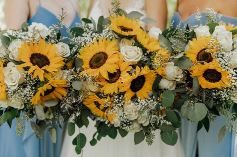 Dusty blue and sunflowers for sunflower wedding colors 20255, dusty blue bridesmaid dresses, white bridal gown, sunflowers bouquets and reception centerpieces, white wedding cake with sunflower and dusty floral décor, wedding invitation with sunflower and dusty blue floral printing. Sunflower And Daisy Wedding, Sunflower Wedding Theme Rustic, Sunflower Wedding Colors, Dark Red Bridesmaid Dresses, Blue Sunflower Wedding, White Wedding Table Setting, Bridesmaid Dresses White, September Wedding Colors, Dusty Blue Bridesmaid