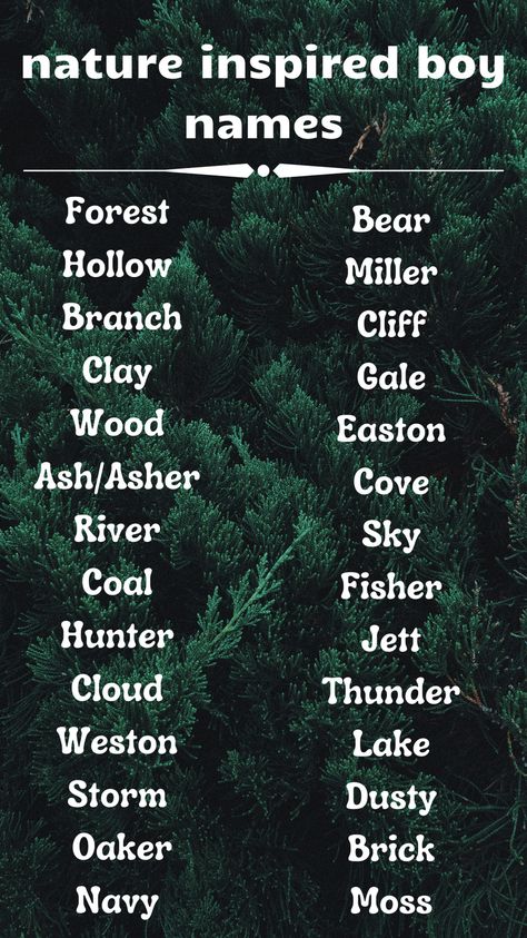 Forest Names Nature, Tree Names For Boys, Forest Names, Nature Boy Names, Kingdom Names, Mystical Names, Green Name, Sweet Baby Names, Best Character Names