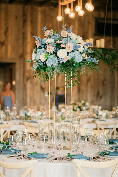 Tall Round Table, Outdoor Centerpieces, Round Table Centerpieces Wedding, Tall Flower Centerpieces, Royal Blue Centerpieces, Delphinium White, Round Table Centerpiece, Summer Ceremony, Rustic Ranch Wedding