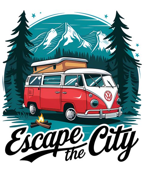 City Vector Art, Mountain Holiday, Camping Stickers, Beach Wall Murals, Up Pixar, Idea Craft, T Shirt Logo Design, City Vector, Hippie Van