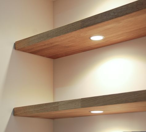 Bespoke lighting using inset lamp within solid oak shelf Lighting Under Floating Shelves, Lighted Floating Shelves, Lights Under Floating Shelves, Oak Shelf Under Lighting, Led Shelf Lighting Kitchen, Shelf With Led Light, Floating Shelf Lighting, Shelf Lighting Ideas, Led Backlit Shelves