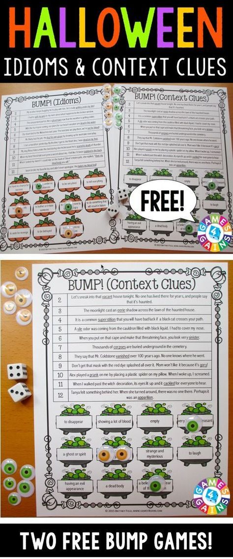 Halloween Games FREE contains 2 fun and engaging Halloween-themed bump games to help students to practice idioms and context clues. These games are so simple to use and require very minimal prep. They are perfect to use in Halloween reading centers or as extension activities when students complete their work! Halloween Reading Activity, Free Halloween Games, Halloween Lesson, Halloween Reading, Teaching Holidays, Halloween Classroom, Halloween Games For Kids, Third Grade Reading, 5th Grade Reading