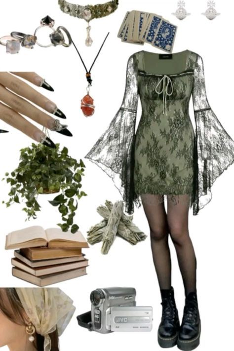 Sagittarius Rising Aesthetic Outfit, Green Witch Outfit Aesthetic, Taurus Venus Aesthetic Clothes, Dark Cottagecore Aesthetic Outfits, Cottagecore Witch Outfit, Witchcore Aesthetic Outfits, Goth Cottagecore Fashion, Dark Cottagecore Outfits, Dark Cottagecore Fashion