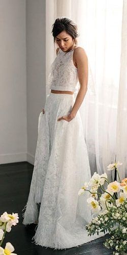 On Trend: 24 Bridal Separates And#8211; Breaking The Rules ★ See more: https://www.weddingforward.com/breaking-the-rules-bridal-separates/2 Open Back Wedding, Wedding Dresses Uk, Two Piece Wedding Dress, Open Back Wedding Dress, Wedding Dress With Pockets, Bridal Separates, Cheap Wedding Dresses, Back Wedding Dress, Lace Bridal Gown