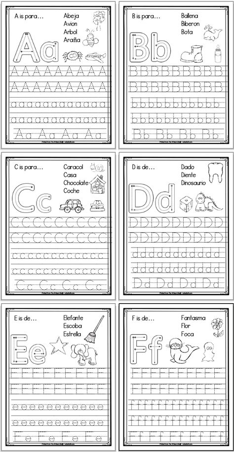 These free Spanish alphabet printables are a fun way for your preschooler or kindergartener to learn Spanish at home! Each page has Spanish abc's vocabulary, letters to trace, and pictures to color. Turn practicing fine motor skills and learning Spanish into a fun activity with these alfabeto español free printable worksheets! Spanish Alfabeto Free Printable, Free Spanish Alphabet Printables, Pre K Activities At Home Free Printables, Practice Writing Alphabets, Learn To Write Alphabet Free Printable, Learning Alphabet Worksheets, Spanish Alphabet Worksheets, Tracing Alphabet Letters Free Printable Writing Practice, Letter Tracing Worksheets Preschool Free Printable