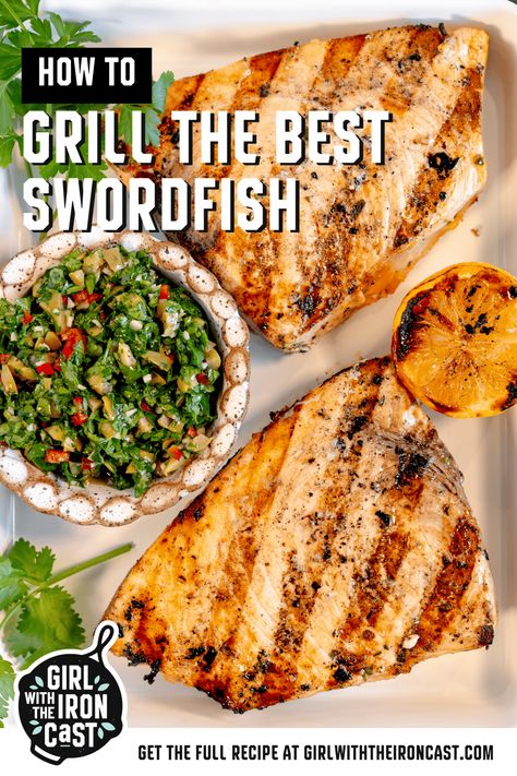 Simple grilled swordfish steaks for weeknights, BBQs, and more! This recipe starts with a 15-minute lemony dijon garlic marinade to season and tenderize the swordfish before grilling for a smoky char. Perfectly tender, succulent results in no time (step-by-step instructions included!). Serve with a briny olive chimichurri and charred lemons for the perfect swordfish bite! Grilled Swordfish Steaks, Swordfish Steak Recipe, Cilantro Chimichurri, Fish Batter, Fish Batter Recipe, Fish Board, Swordfish Steak, Grilled Swordfish, Swordfish Recipes