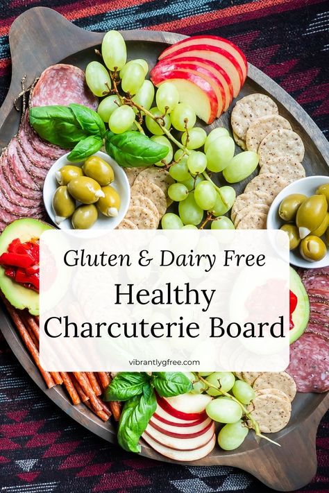 A gluten and dairy free charcuterie board is the perfect easy snack, appetizer, or meal. This post includes safe gluten and dairy free crackers and meats, healthy replacements for cheese, and instructions on how to organize a charcuterie board. | Vibrantlygfree.com via @vibrantlygfree Gf Df Charcuterie Board, Gluten And Dairy Free Charcuterie Board, Healthy Gluten Free Appetizers, Dairy Free Charcuterie Board Ideas, Gluten Free Charcuterie Board Ideas, Gluten And Dairy Free Appetizers, Dairy Free Charcuterie, Dairy Free Crackers, Dairy Free Charcuterie Board