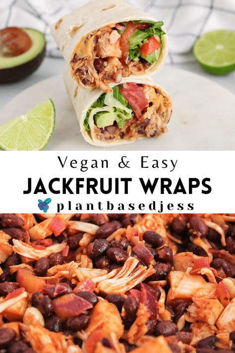 Vegan Jackfruit Wraps with Black Beans - Plant Based Jess Jackfruit Sandwich, Vegan Jackfruit, Canned Jackfruit, Vegan Sandwich Recipes, Sweet Savory Recipes, Jackfruit Recipes, Bbq Jackfruit, Plant Based Recipes Dinner, Vegan Cheese Recipes