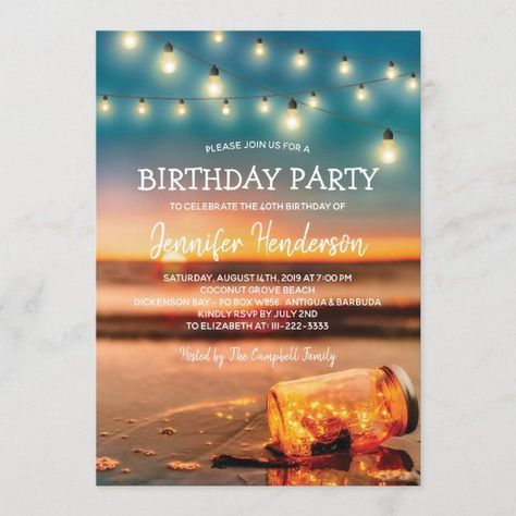 Tropical Sunset Beach Birthday Party Invitation #zazzle #weddinginvitations #birthdayinvitations #babyshowerinvitations #zazzleinvitations #monogram #businesscards #graduation #homedecor Mason Jar Lights Wedding, Jar Lights Wedding, Beach Mason Jars, Beach Destination Wedding Invitations, Beach Christmas Party, Island Background, Wedding Text, Sunset Tropical, Mason Jar Lights