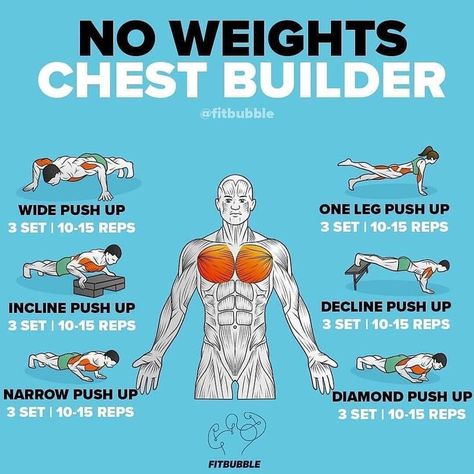 No Weights Chest Builder | Bodybuilding workout plan, Workout training programs, Chest and tricep workout No Weight Chest Workout, Chest Workout No Weights, At Home Chest Workout, Pectoral Exercises, Home Chest Workout, Calisthenics Workout At Home, Chest And Tricep Workout, Gym Planner, Chest Workout At Home