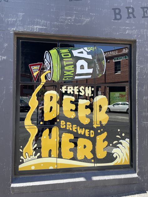 Brewery Mural, Painted Window Art, Beer Stickers, Window Mural, Beer Wall, Shop Facade, Beer Shop, Storefront Design, Beer Art